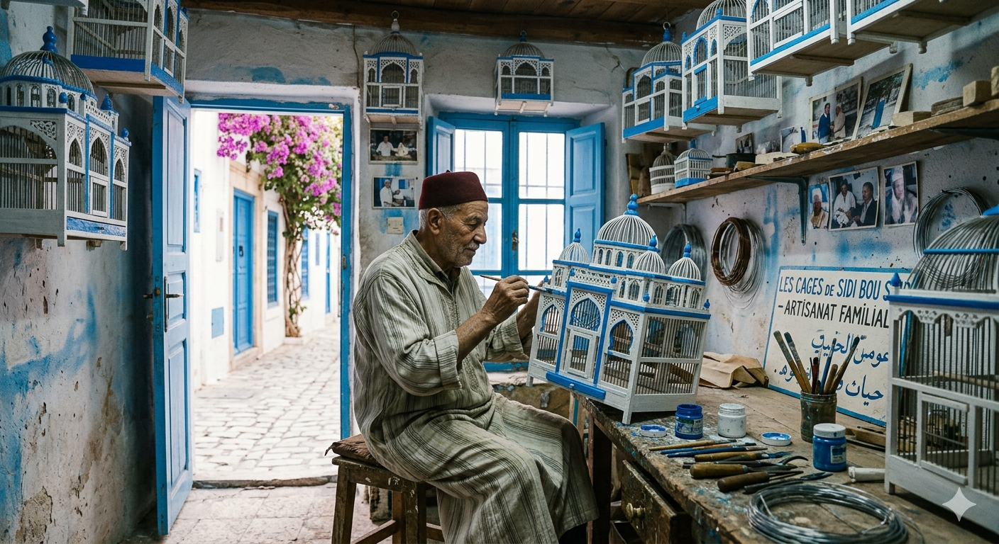 Artisan hand-painting Sidi Bou Said birdcages